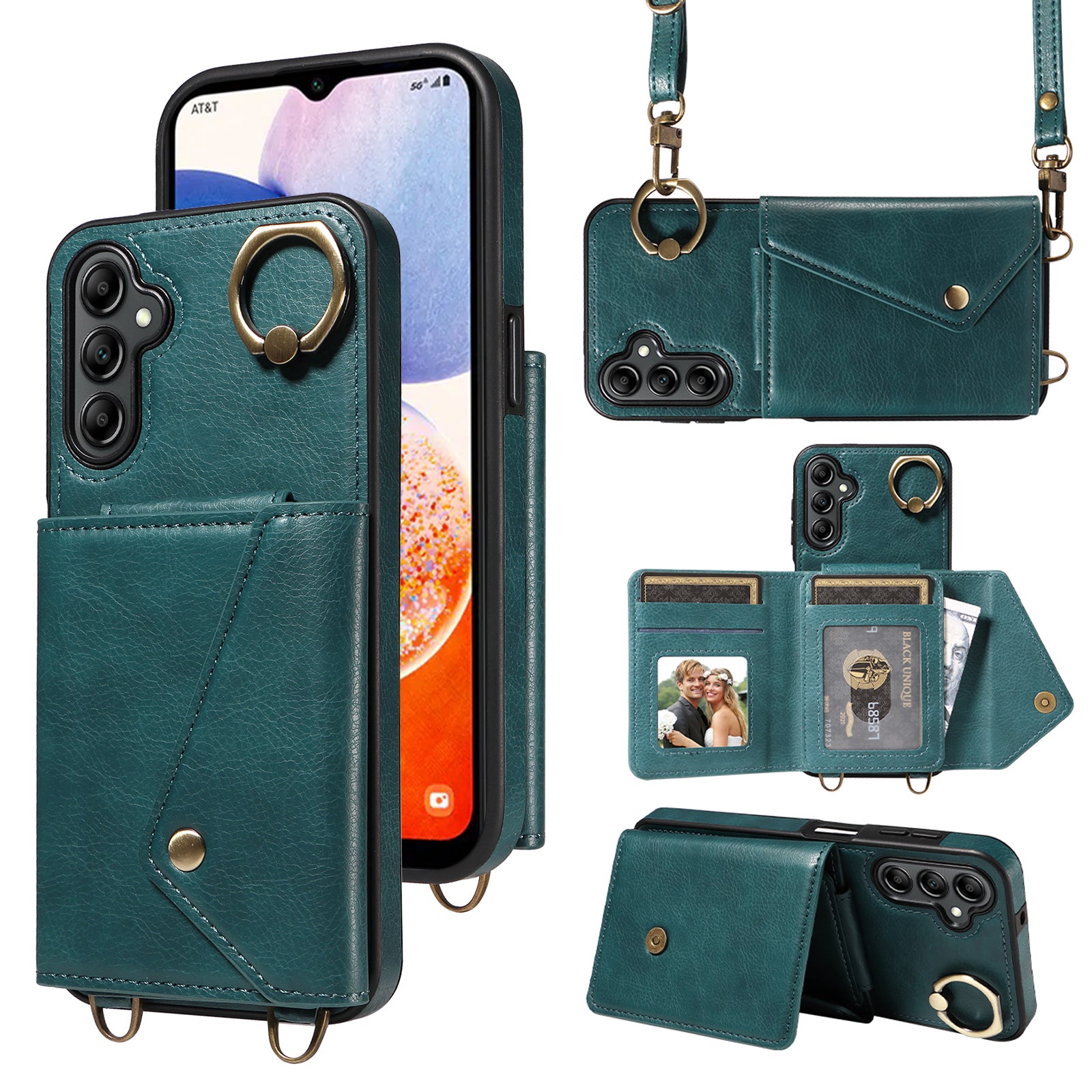 002 For Samsung Galaxy A14 4G 5G Card Bag Ring Kickstand Cover Litchi Texture Leather Coated TPU Phone Case with Shoulder Strap 002 For Samsung Galaxy A14 4G 5G Card Bag Ring Kickstand Cover Litchi Texture Leather Coated TPU Phone Case with Shoulder Strap